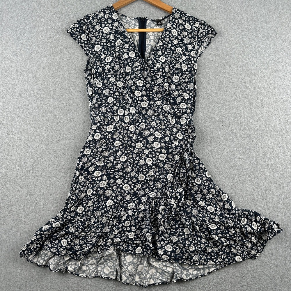 J.Crew Mercantile Dress Womens 0 Black Floral Faux Wrap Ruffle Hem Mini